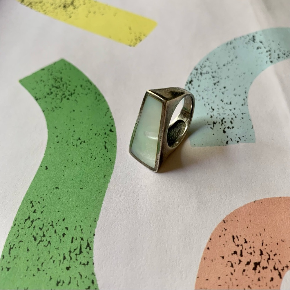 Mother of Pearl Inlay Cuff Bracelet Silver Statement Ring Set - Picture 4 of 12